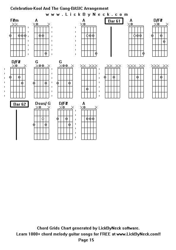 Chord Grids Chart of chord melody fingerstyle guitar song-Celebration-Kool And The Gang-BASIC Arrangement,generated by LickByNeck software.